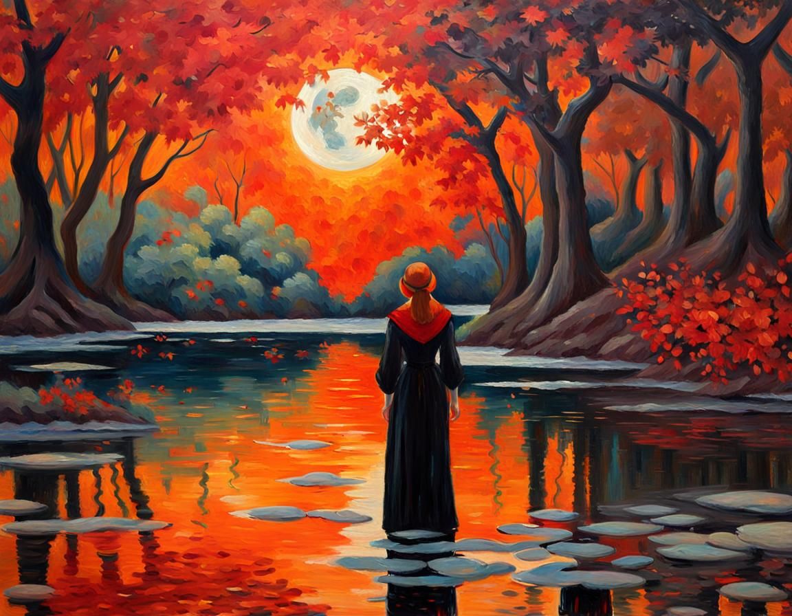 Mystical Woman in Autumn Landscape, Neo-Impressionist Painti...