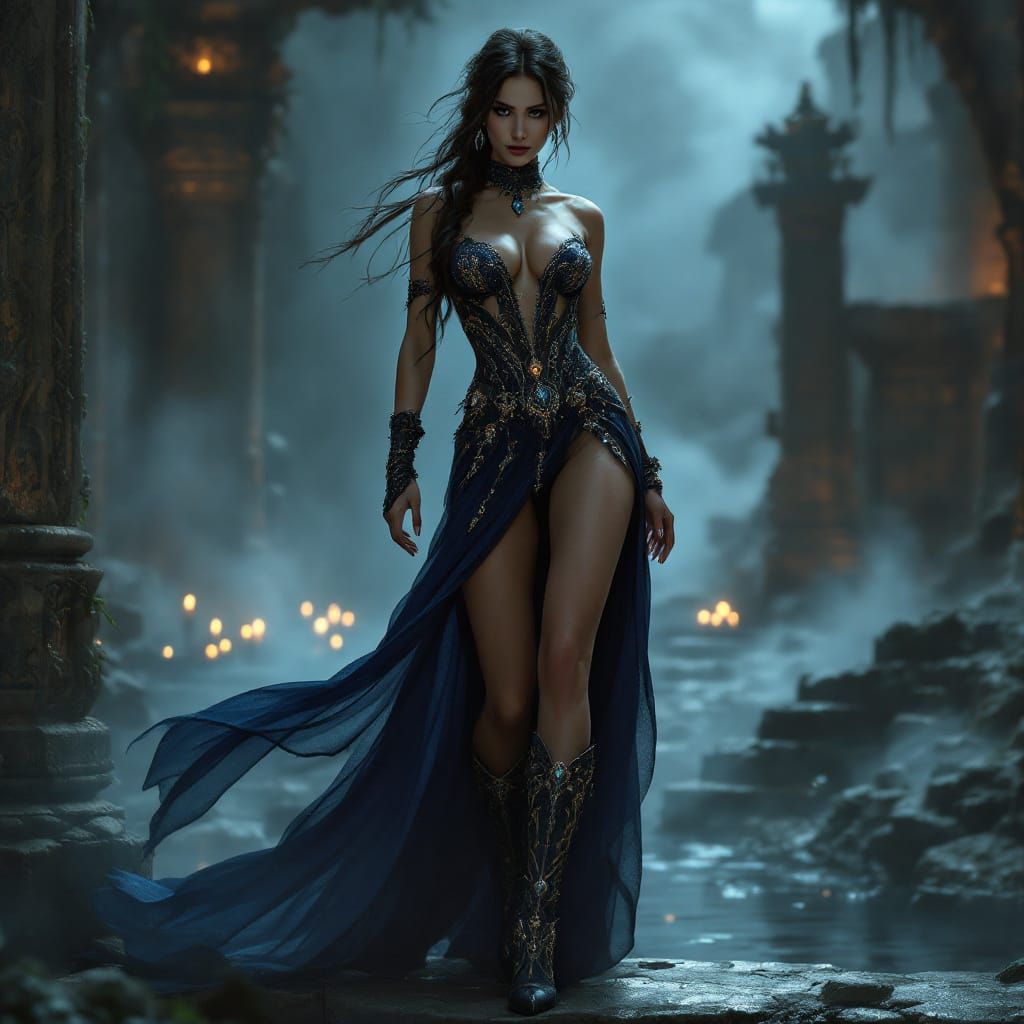 Lara Croft in Dark Fantasy Art Nouveau Gown