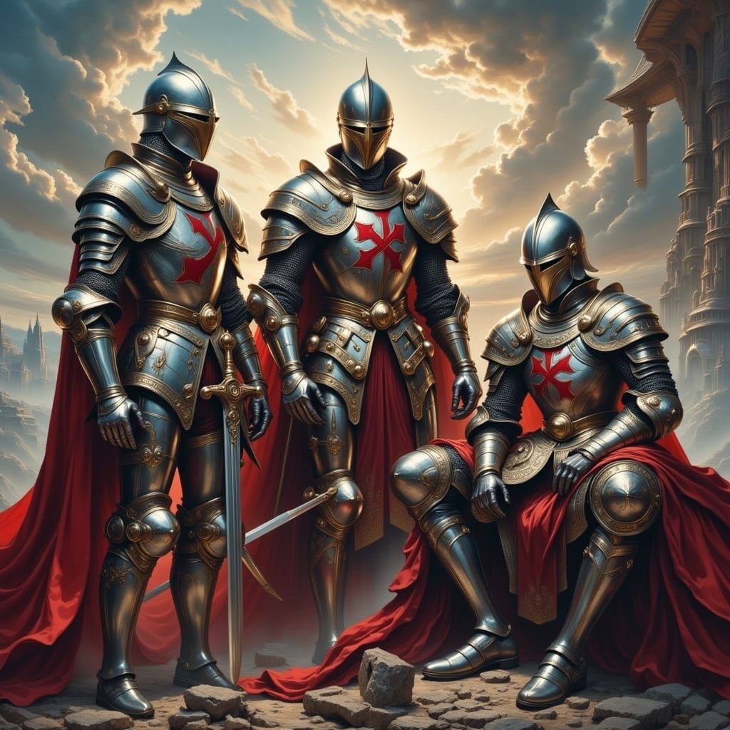 Crusader Knights in Steampunk Armor with Dramatic Lighting