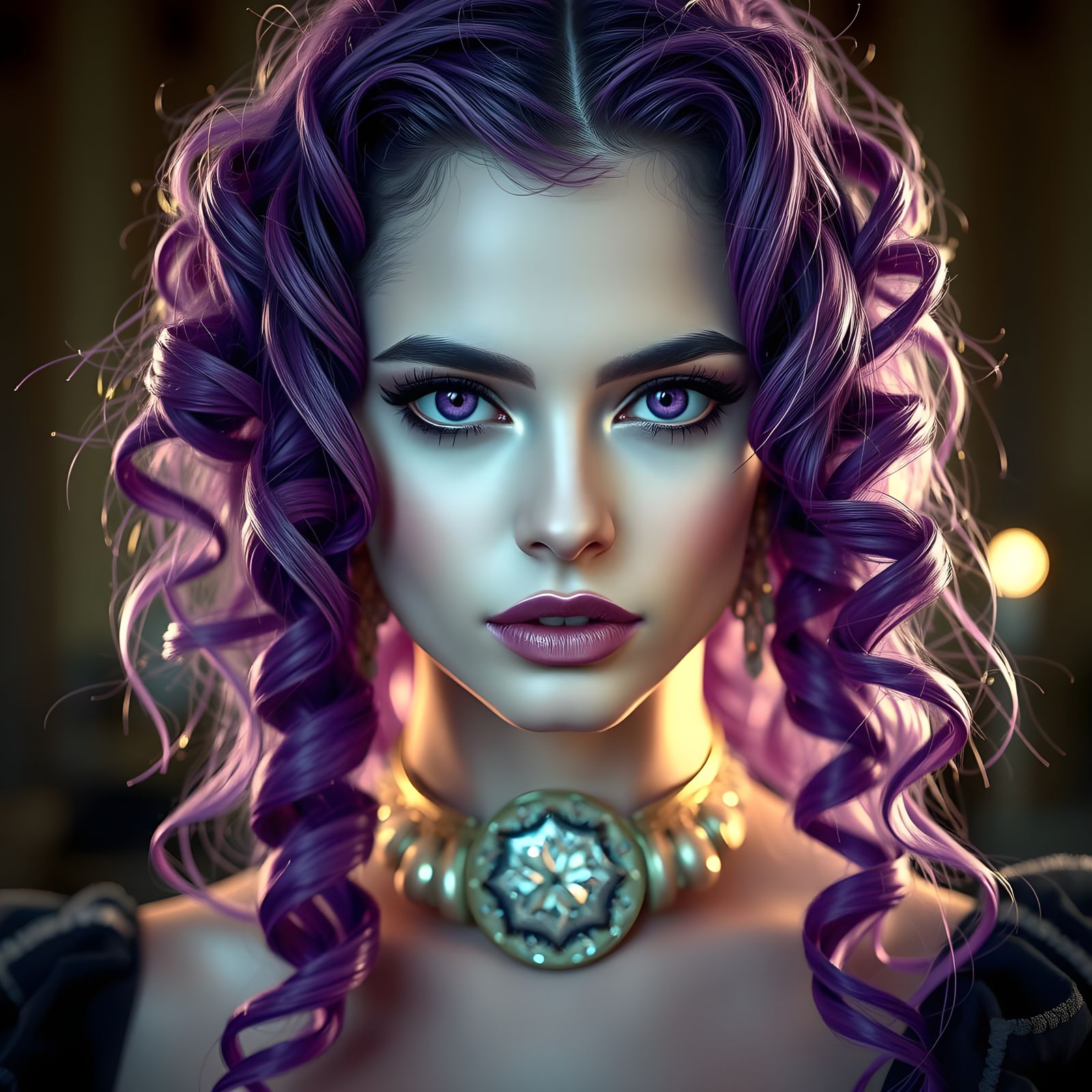 Glamorous Woman with Purple Hair and Eyes