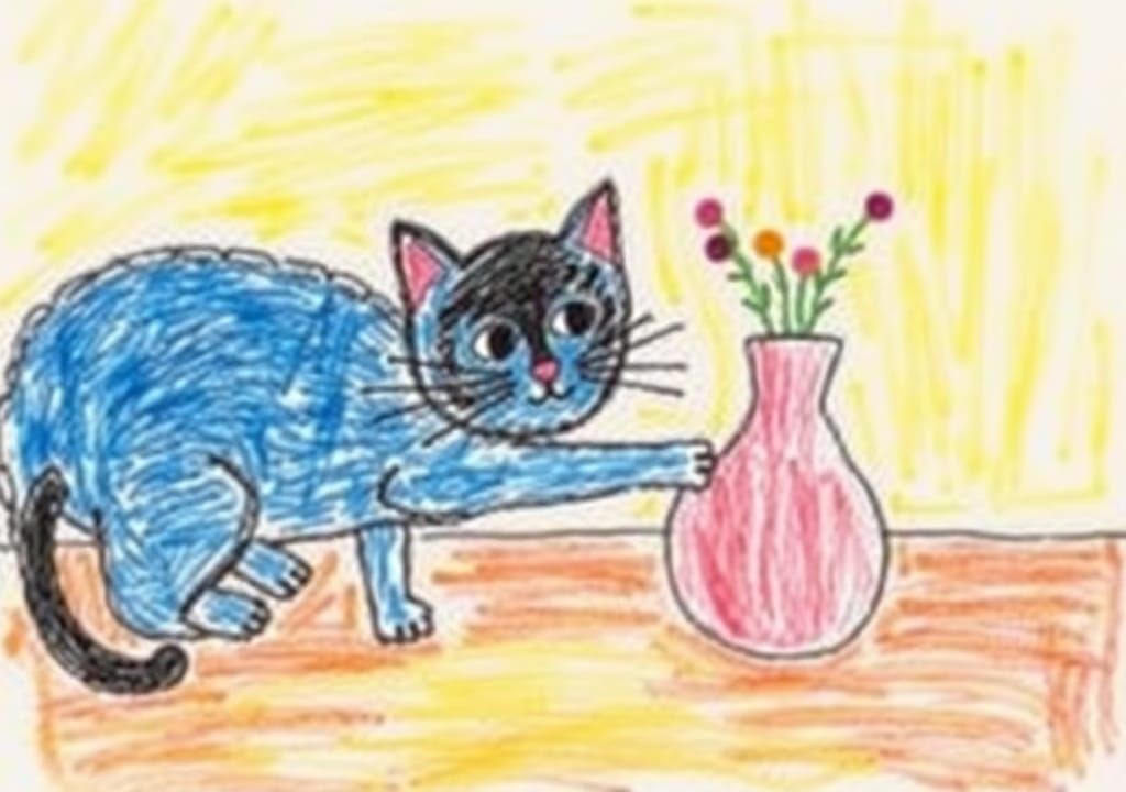 Child's Crayon Art: Cat Pushing Vase