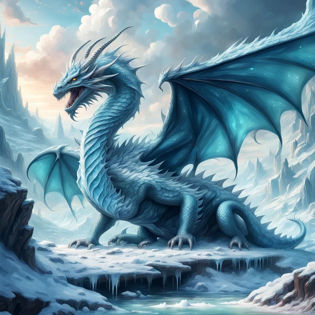 Pastel Blue Dragon Breathing Ice in High Fantasy