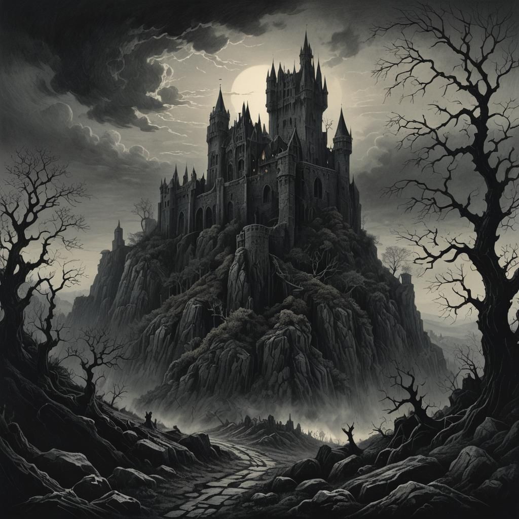Gothic Castle Amidst an Eerie, Mist-Shrouded Landscape
