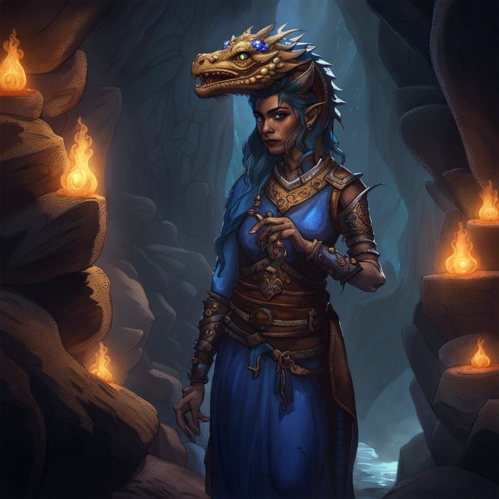 Sapphire Dragonborn Monk in Gem Cave: Digital Painting