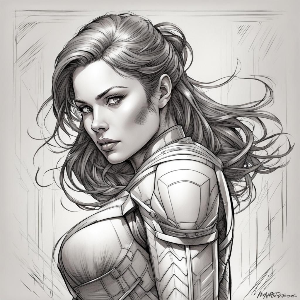 Pencil Sketch of Female Character in Comic Art Style