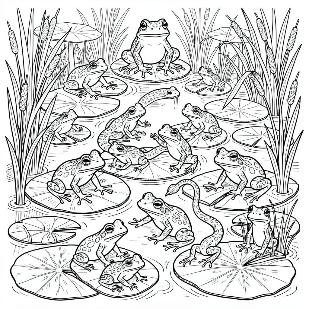 Whimsical Coloring Page of Frogs and Newts