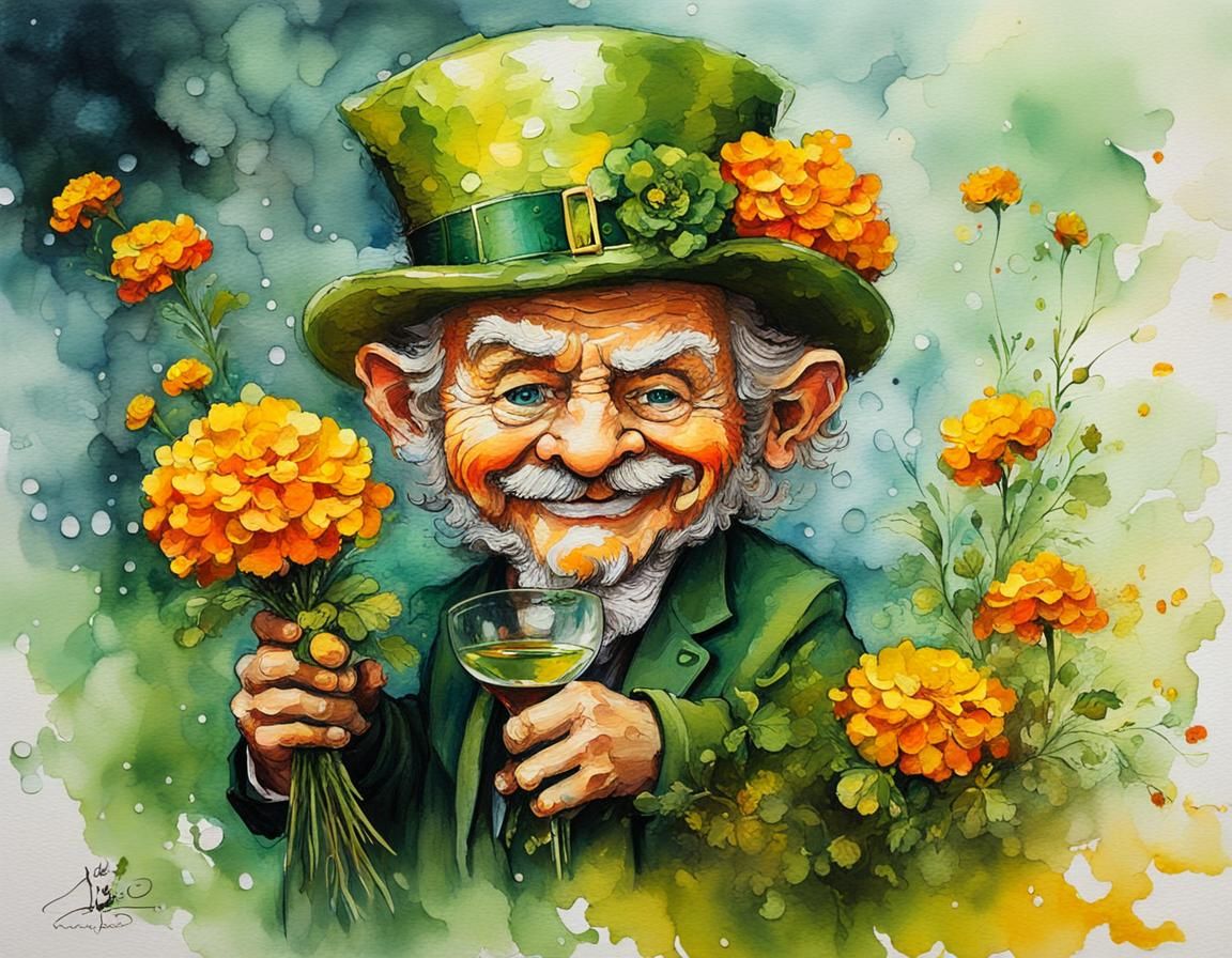 Leprechaun with Marigolds in Alcohol Ink Style