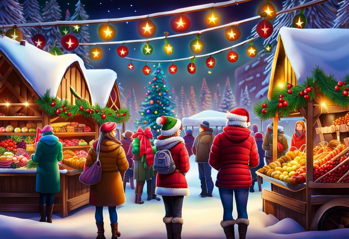 Festive Christmas Market Scene in Hyperrealistic Style