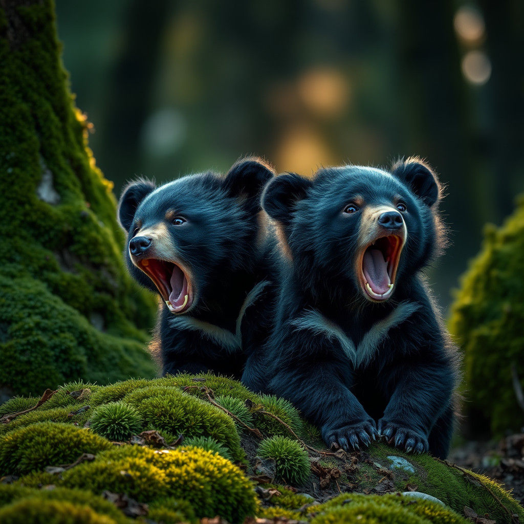 Cute Bear Cubs Yawning in a Mossy Forest