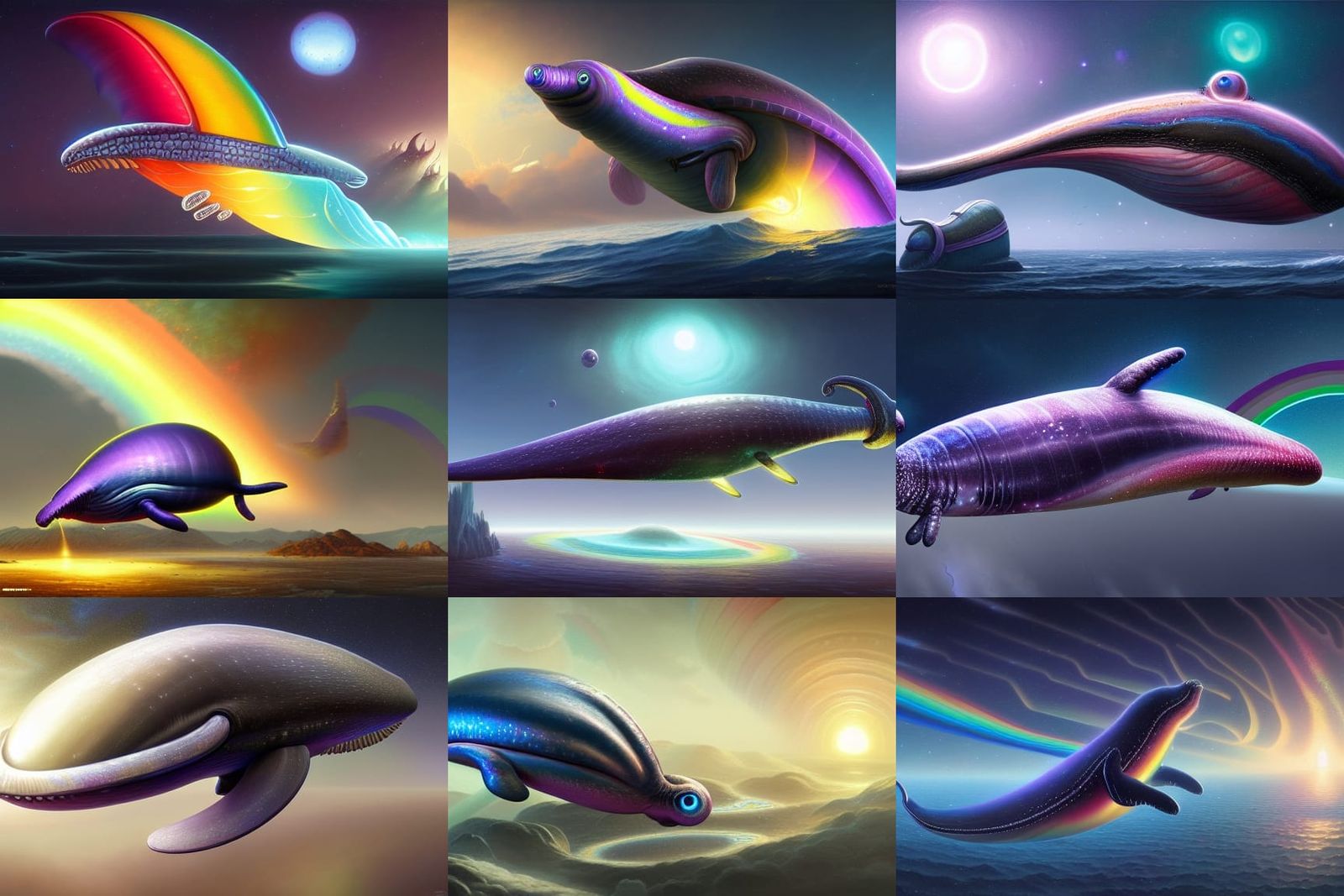 Rainbow Snail-Whale Hybrid on Alien Planet