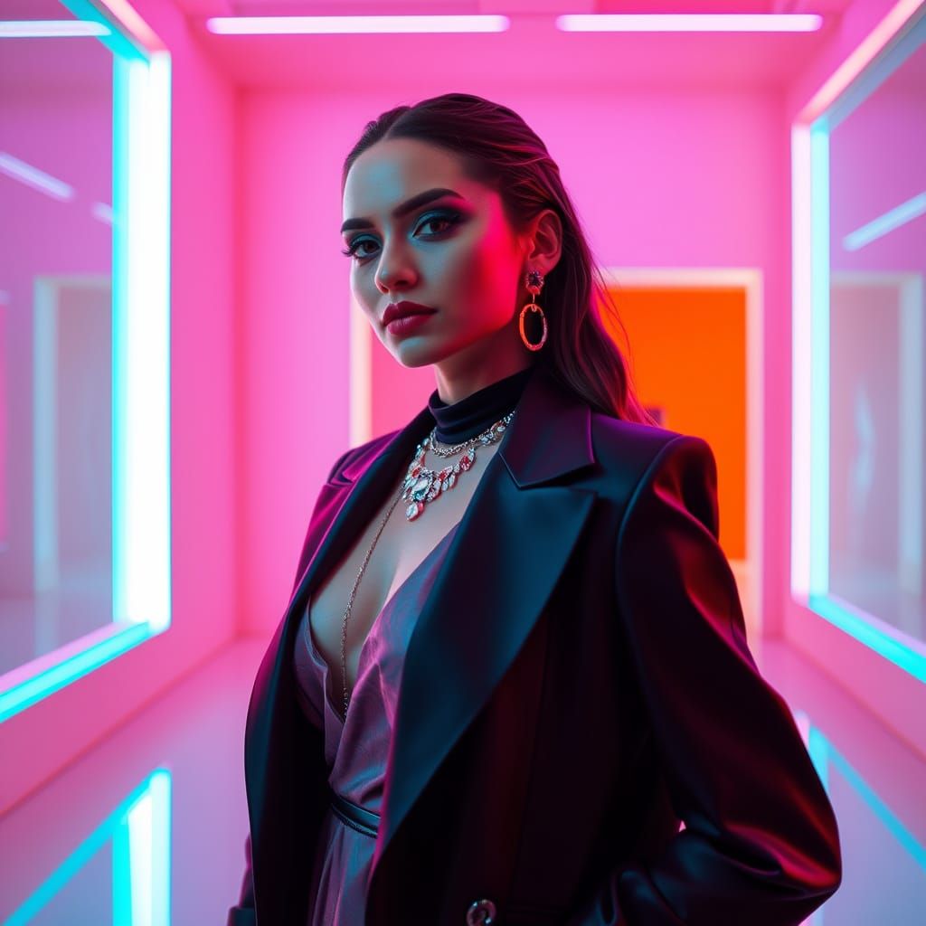 Elegant Woman Portrait in Dreamlike Neon Art