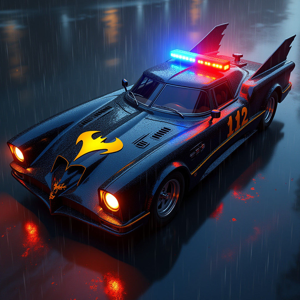 High-Tech Batmobile Speeds through Rainy Streets