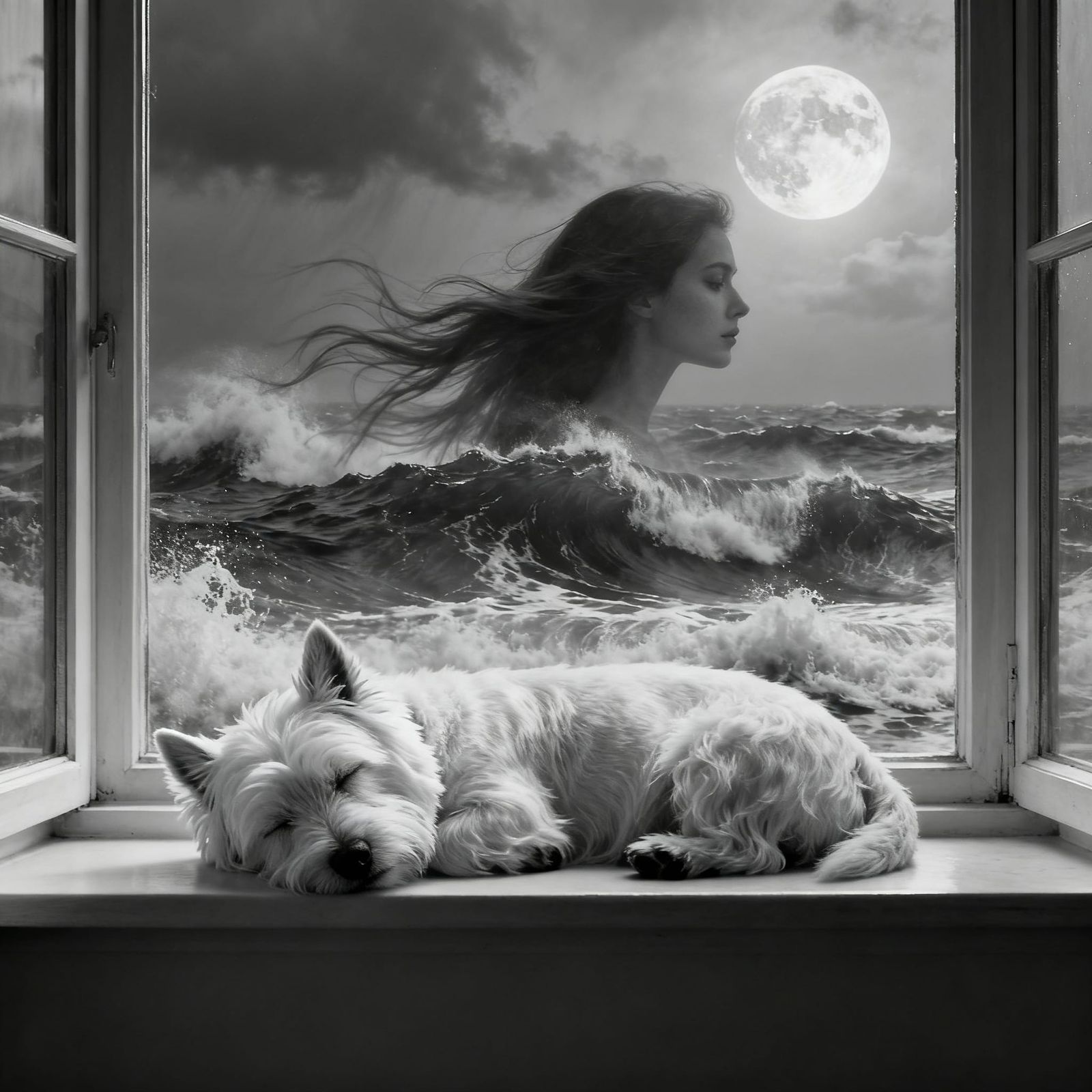 Westie Sleeps by Stormy Sea Under Full Moon