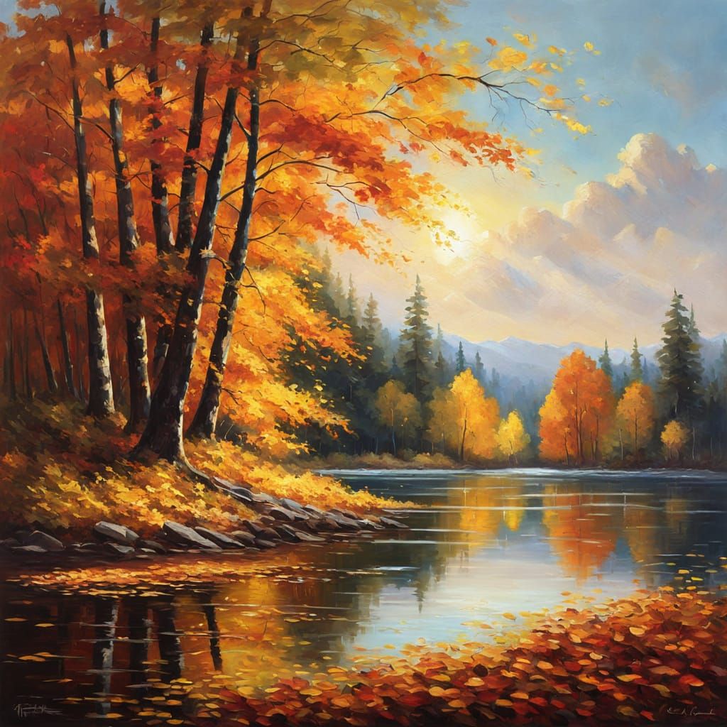 An impressionist painting of a peaceful autumn forest scene ...