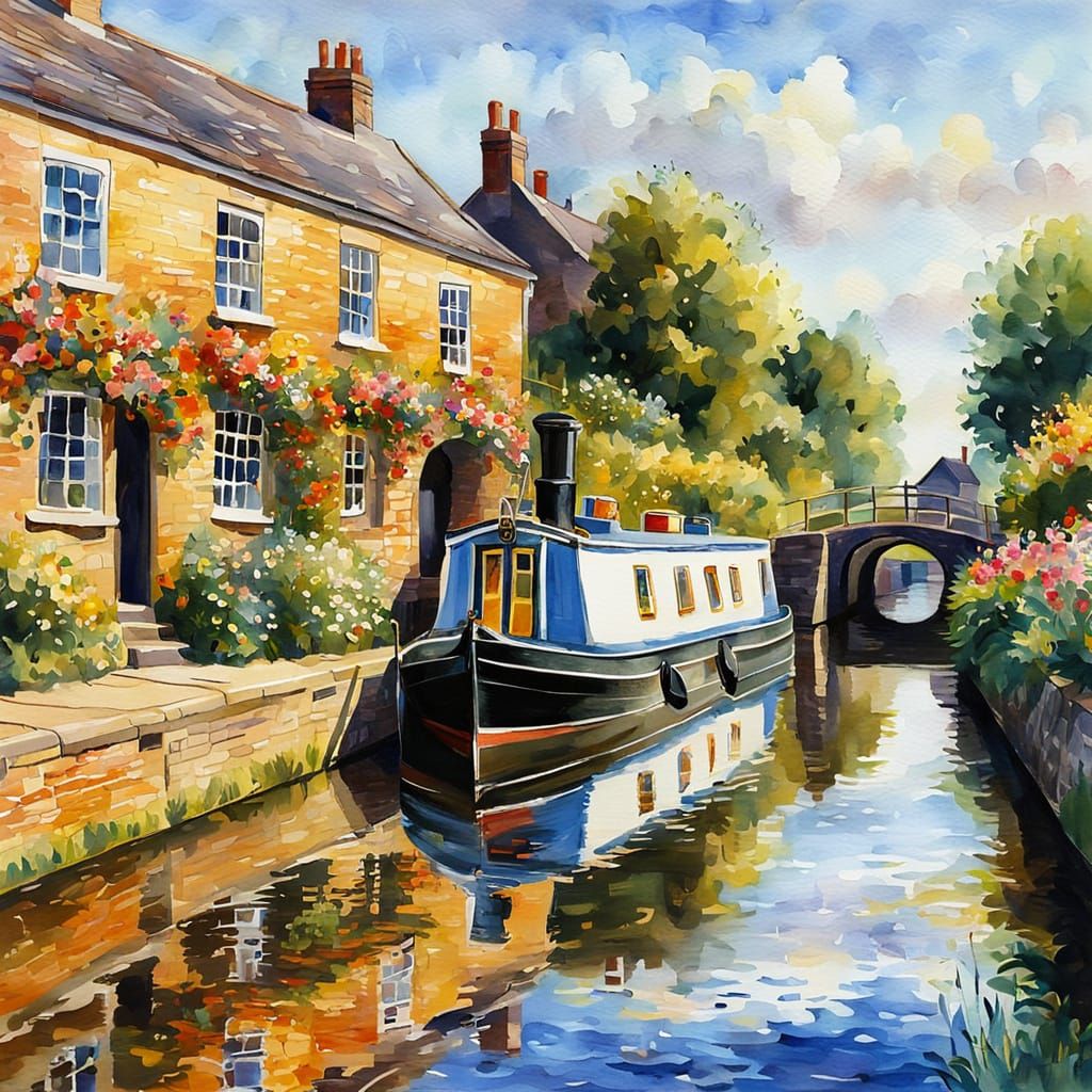 Impressionist Canal Boat with Golden Light
