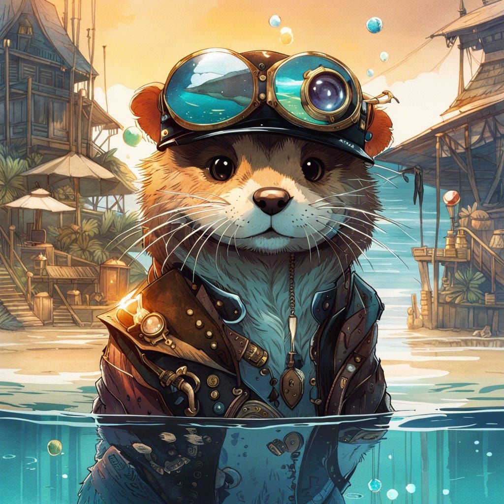 Steampunk Otter on the Beach, Watercolor Portrait