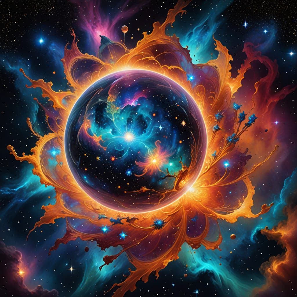 Vibrant Nebula with Glowing Orb in Mixed Media Style
