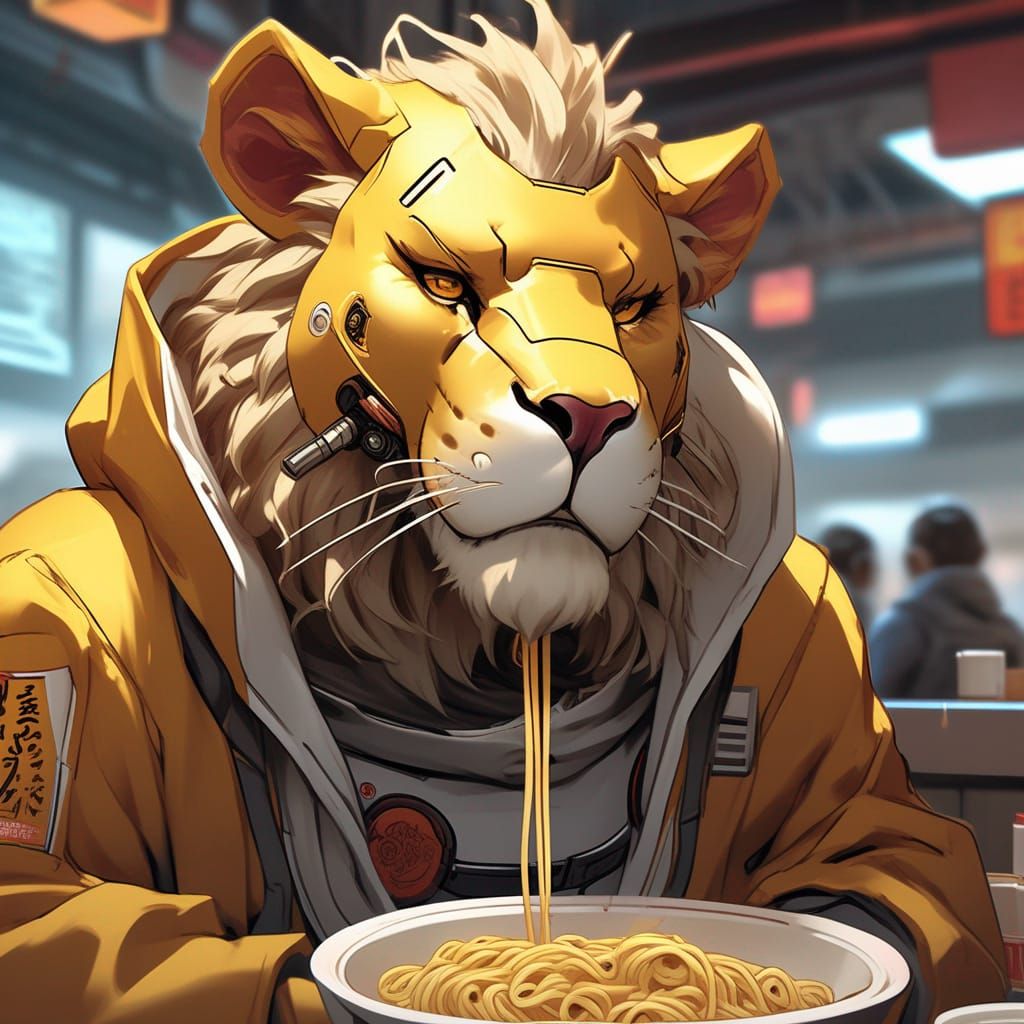 Cyborg Lion in Ramen Shop: Digital Art