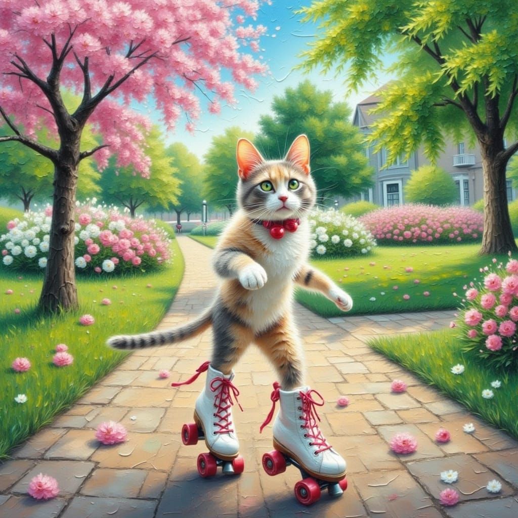 Whimsical Impasto Painting of Pearl Cat Roller Skating in a ...