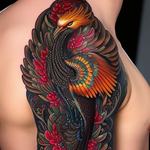 Intricate Phoenix Tattoo Design with Gems and Flowers