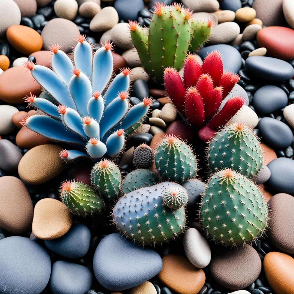 Blue Cactus Among Multicolored Pebbles