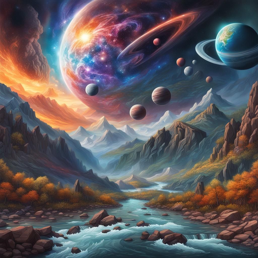Cosmic  sky, stars, planets, mountains, river