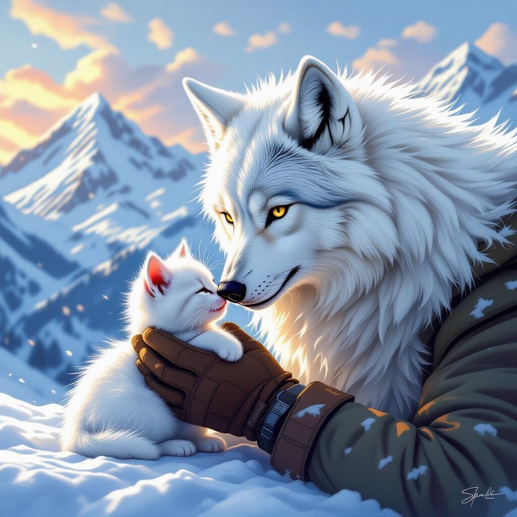 Wolf Nurturing Kitten in Hyperrealistic Style
