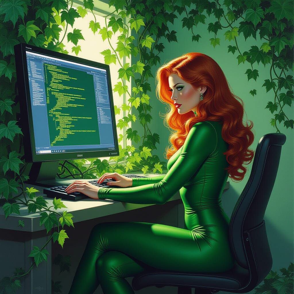 Poison Ivy's High-Tech Lair in Fantasy Oil Painting Style