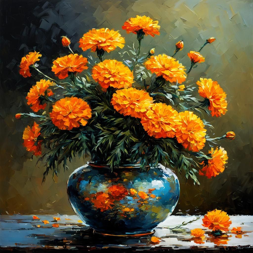 Marigold in Ikebana Style as Impasto Painting