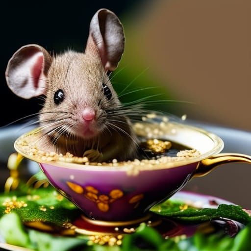 Mouse Bathing in Teacup: Hyperdetailed Macro Photograph