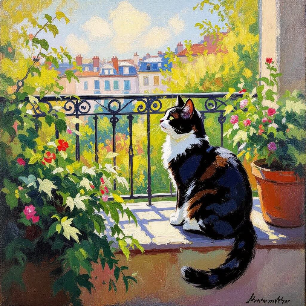 Cat on Balcony in Impressionist Oil Painting Style