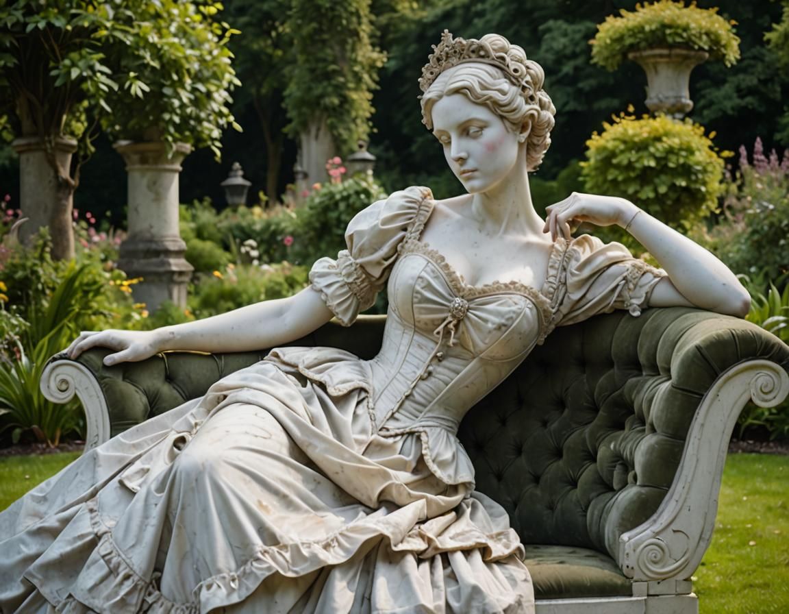 Victorian Woman Marble Statue in Garden