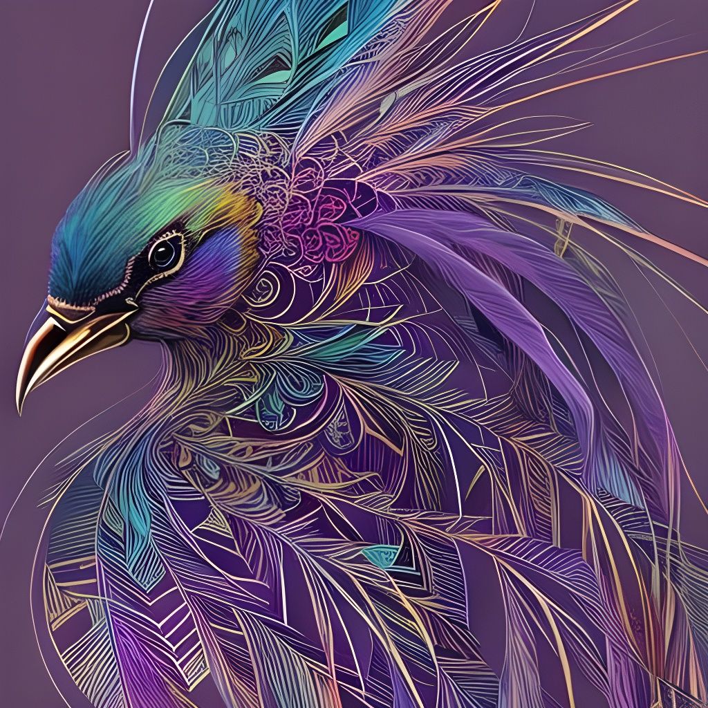 Purple Exotic Bird Portrait with Bronze Outlines