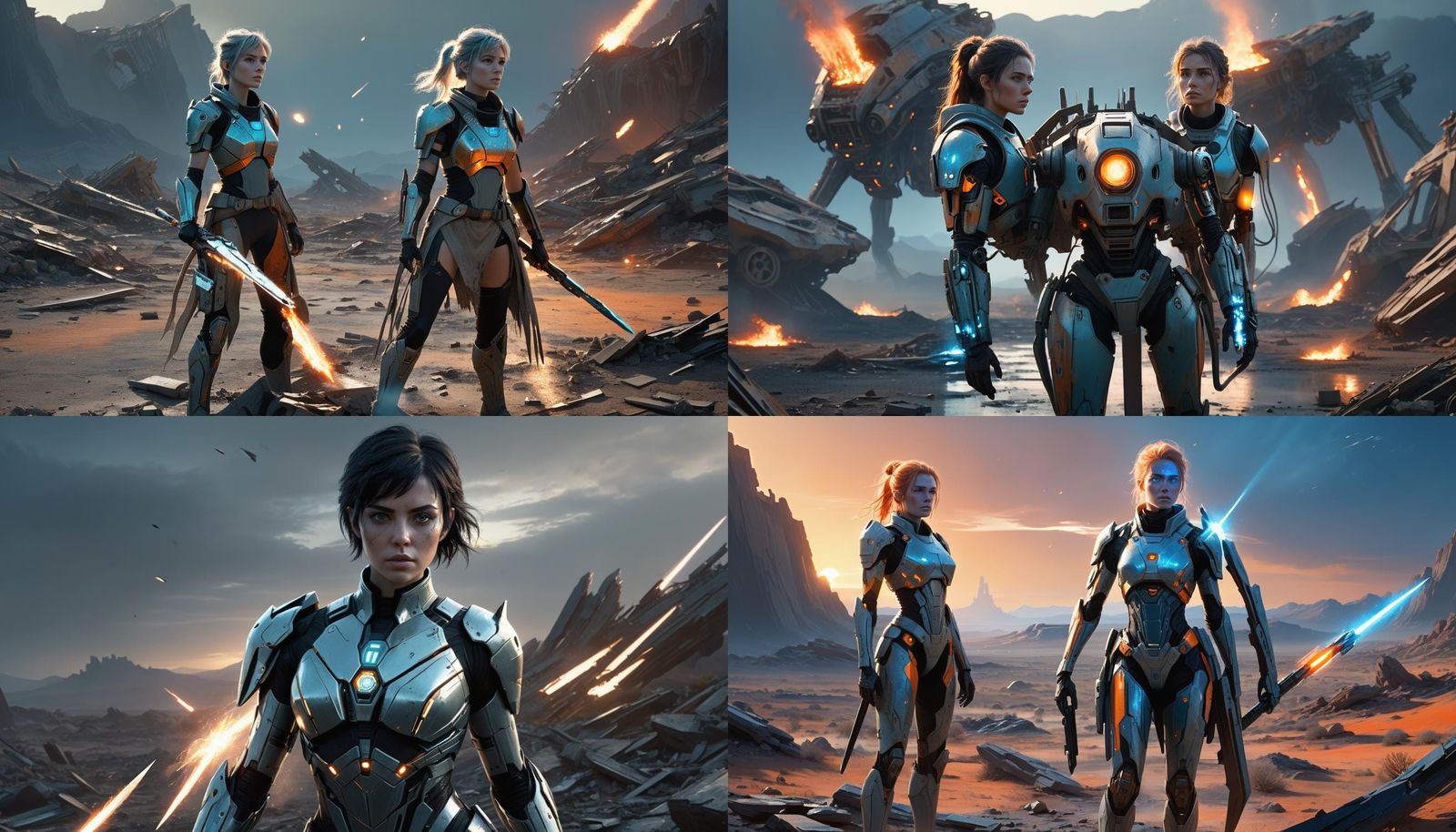 Lyra on War-Torn Battlefield at Dawn in Cyberpunk Style