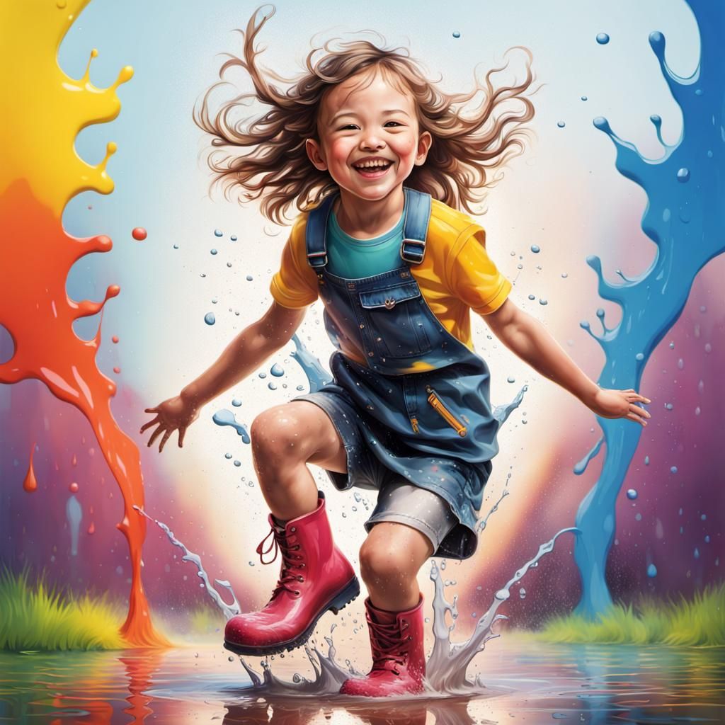 Child's Joyful Puddle Jump: Hyperrealistic Splash Art