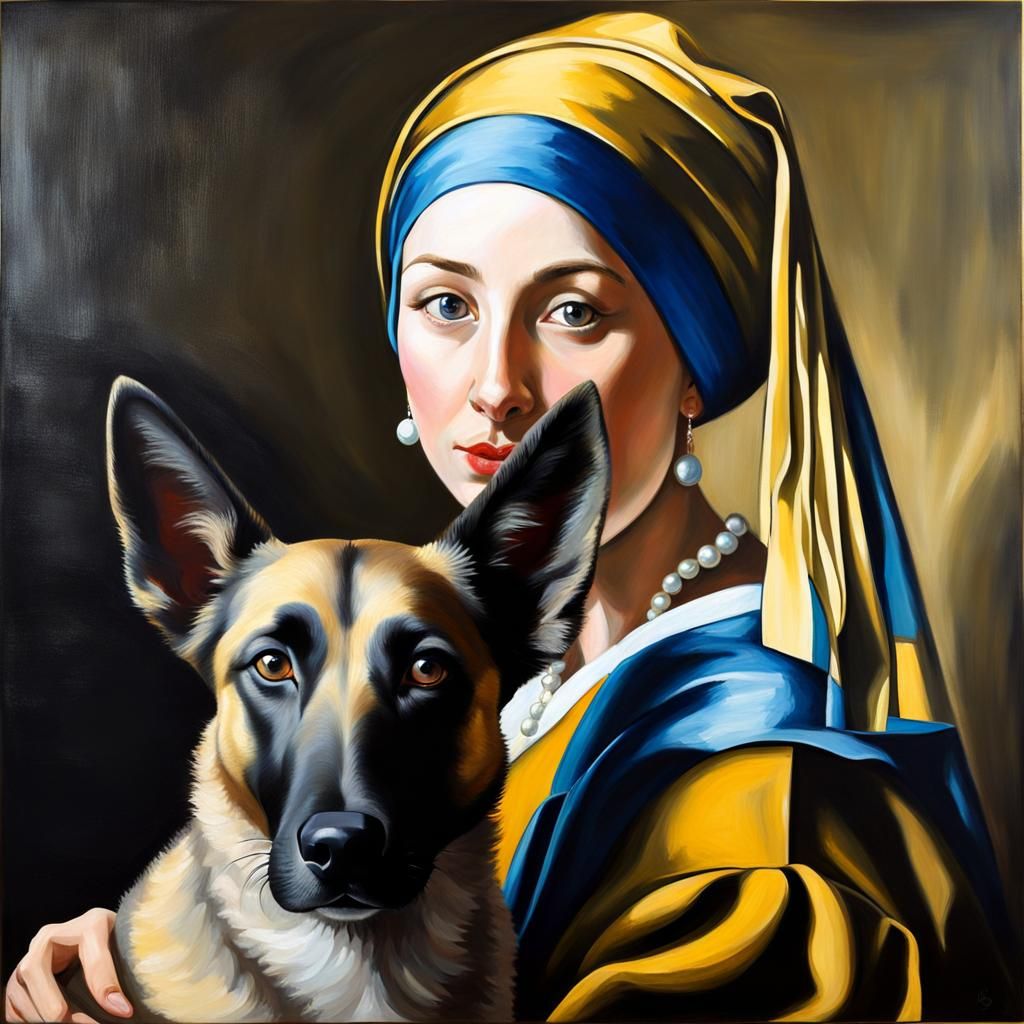 Girl with Pearl Earring and Dutch Shepherd in Oils