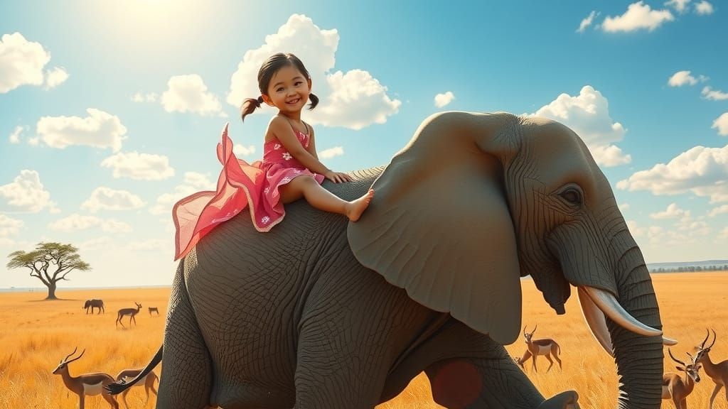 Little Girl's Whimsical Elephant Encounter in Serene Savanna...