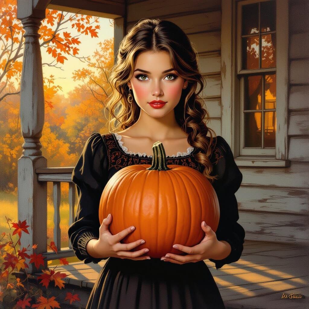 Airbrushed Autumn Scene with Lady and Pumpkin