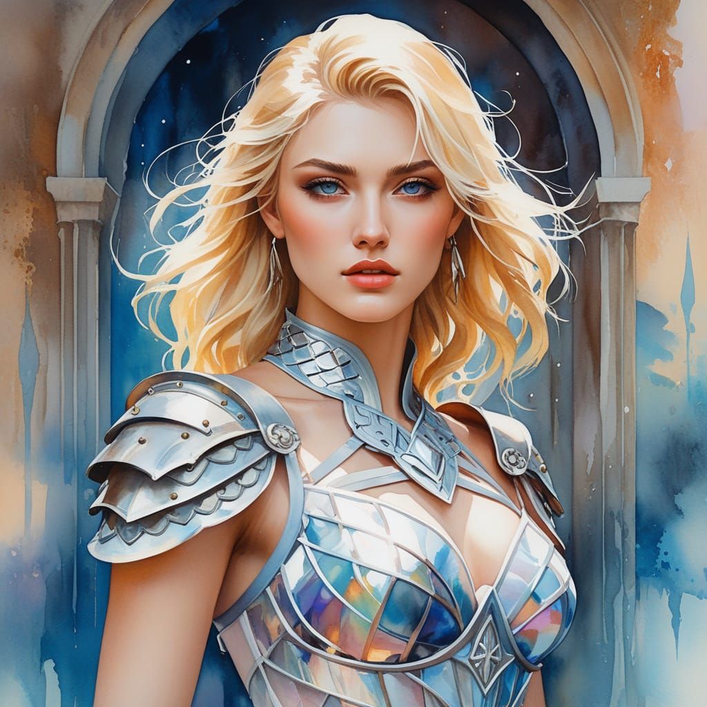 Anime Gladiator in Ethereal Dress, Vibrant Oil & Watercolor