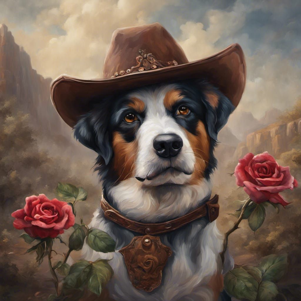 Cowboy Dog with Rose, Detailed Matte Painting