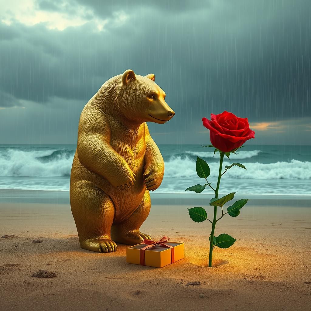 Golden Bear Statue by the Sea in Surreal Style