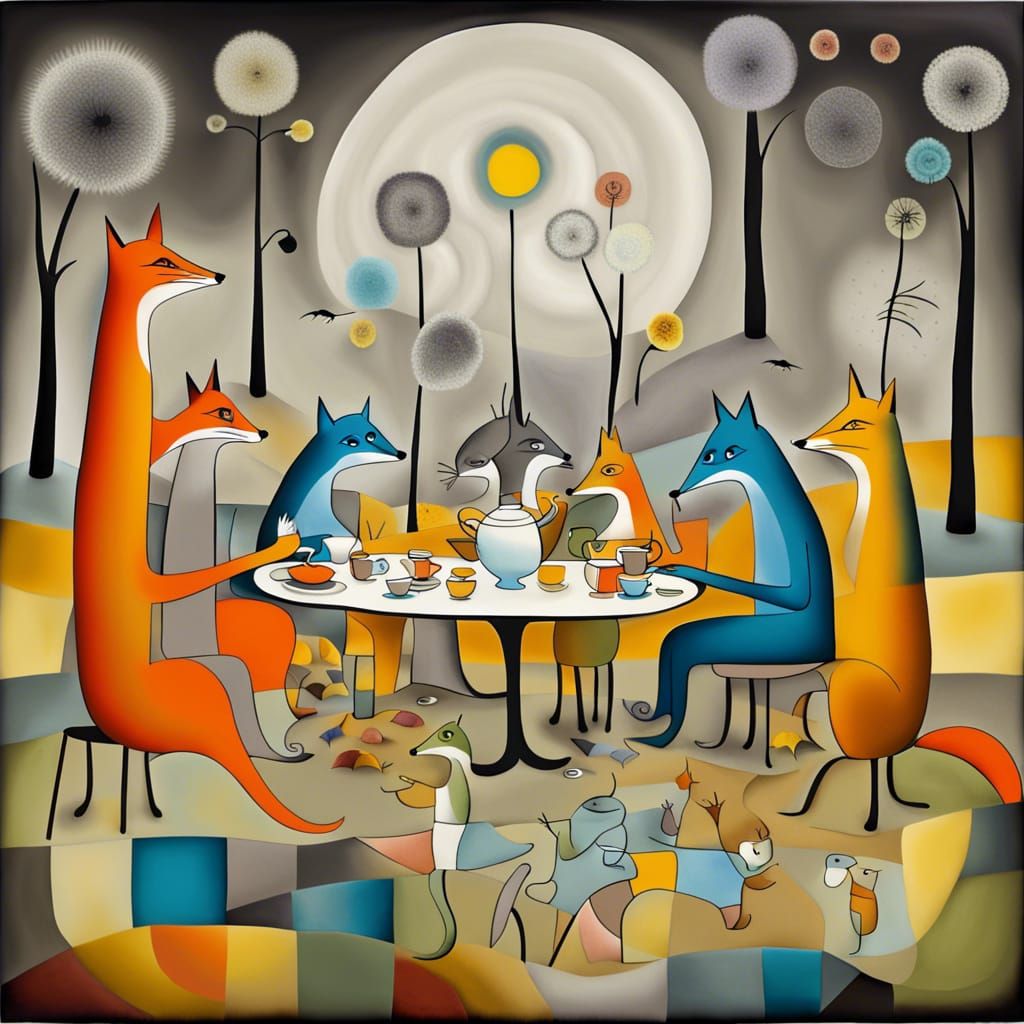 Fox Family Tea Party in Surreal Dreamscape
