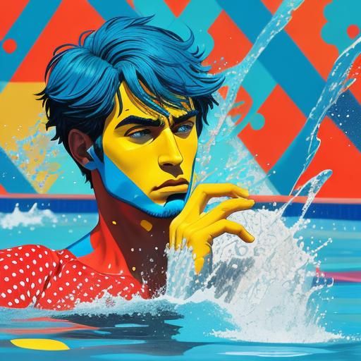 Onomatopoeia "splash" in a pop art image of a man in a pool ...