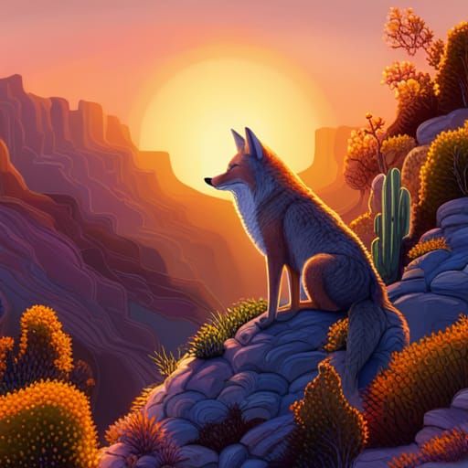 Fiery Cloudy Sunset over cactus canyon, a coyote drinking fr...