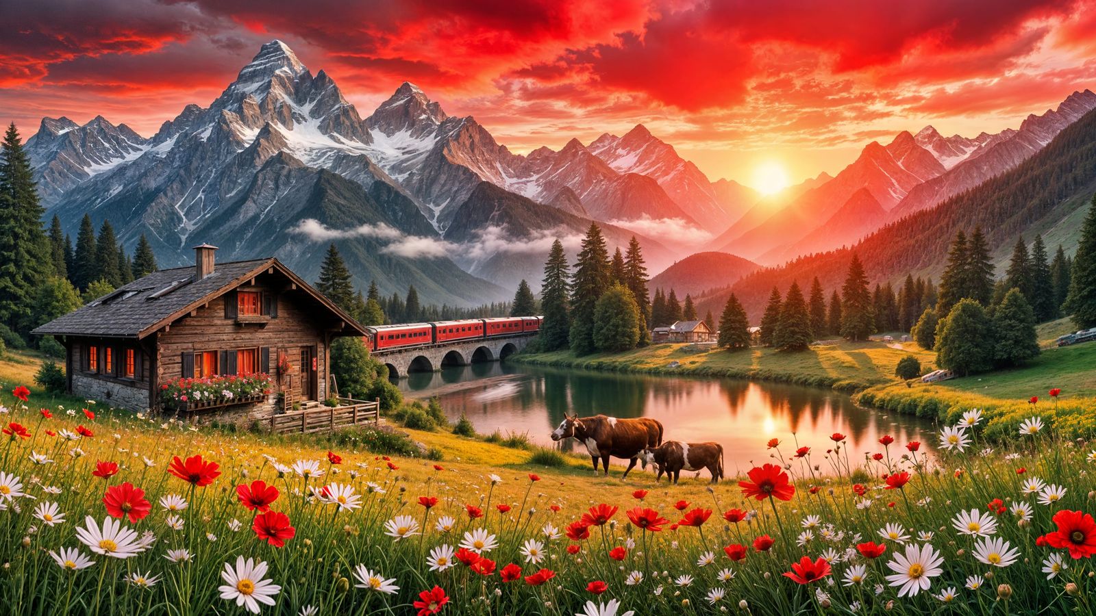 Dramatic Red Sunset Over Swiss Alps with Chalet and Train
