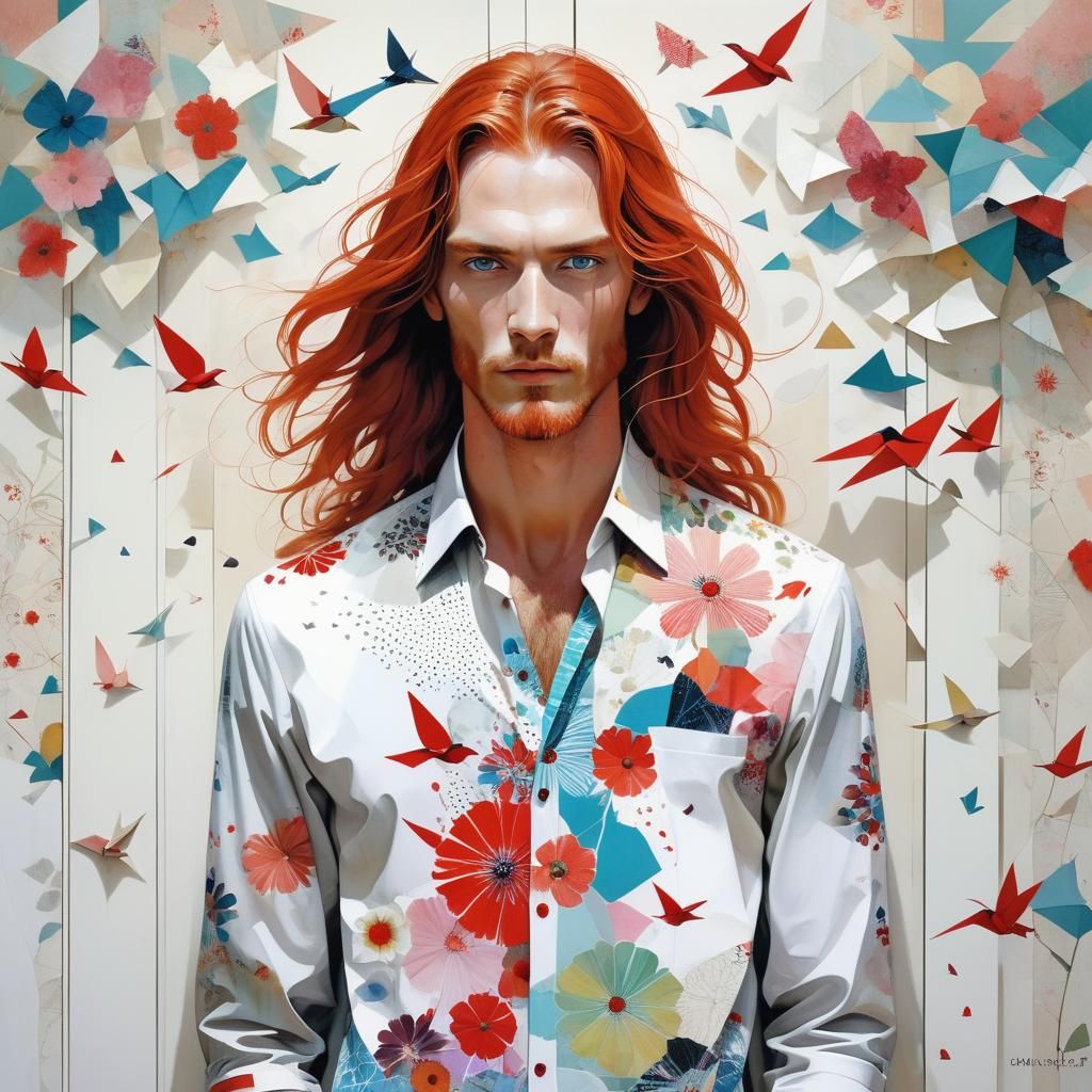 Handsome Man with Origami Birds: Minimalist Illustration