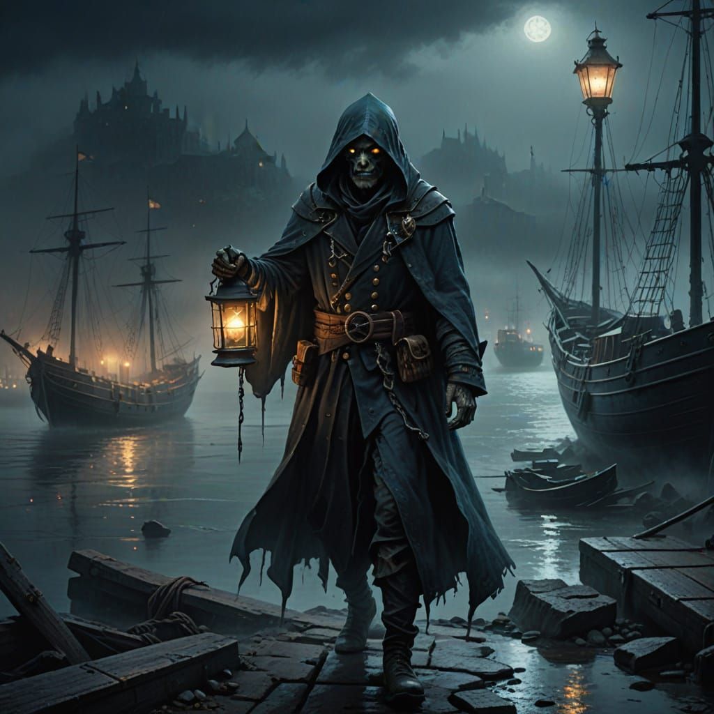 Undead Sailor in Foggy Harbour: Dark Fantasy Oil Painting