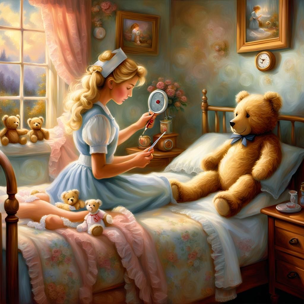 Girl Nurse Checks Teddy Bear, Ethereal Oil Painting