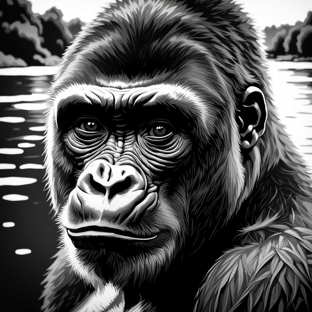 Detailed Gorilla Portrait in Black and White Ink