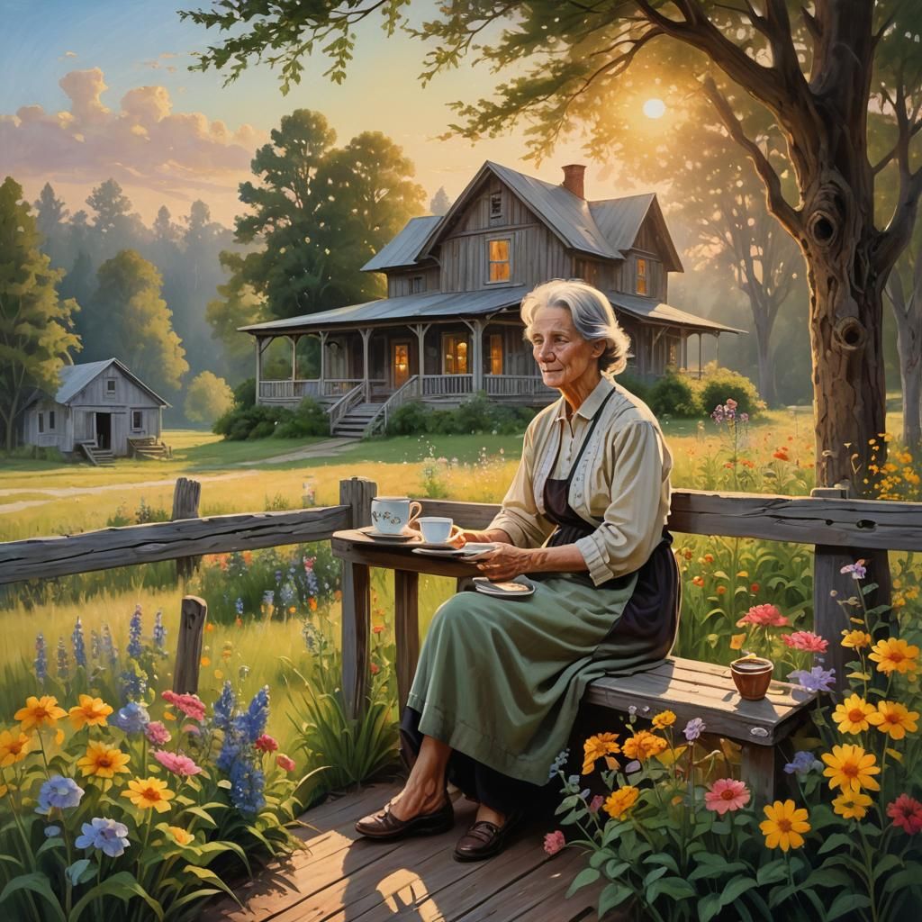 Golden Morning: Elderly Woman's Tranquil Coffee